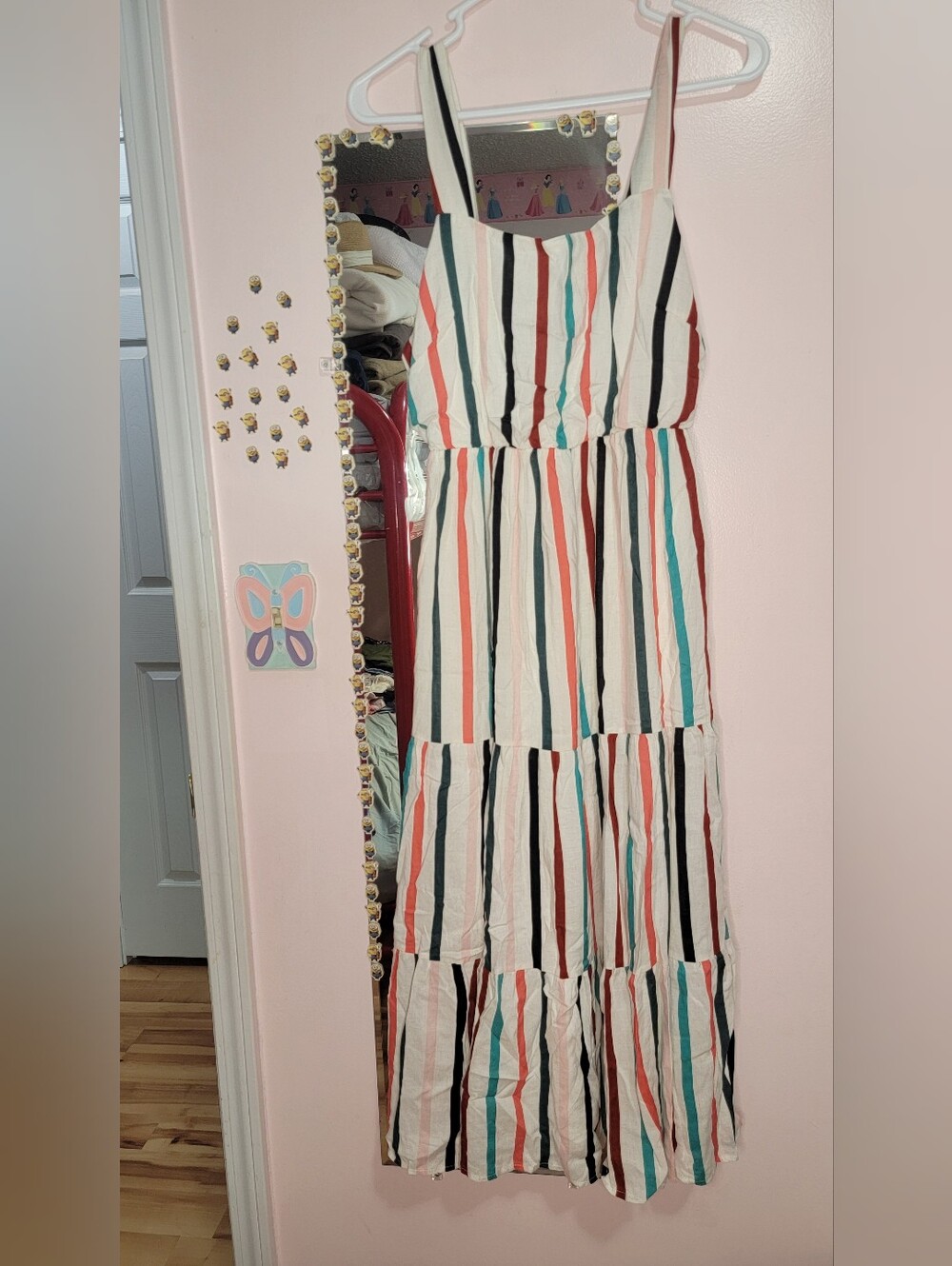 Ces Femme White Maxi Dress with Coral, Teal & Black Stripes Size Medium